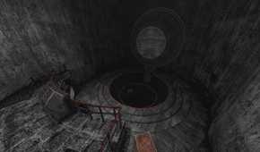 Screenshot from White Knuckle video game of large grey room with a giant well in the middle