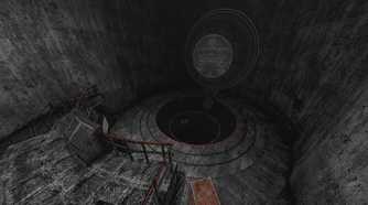 Screenshot from White Knuckle video game of large grey room with a giant well in the middle