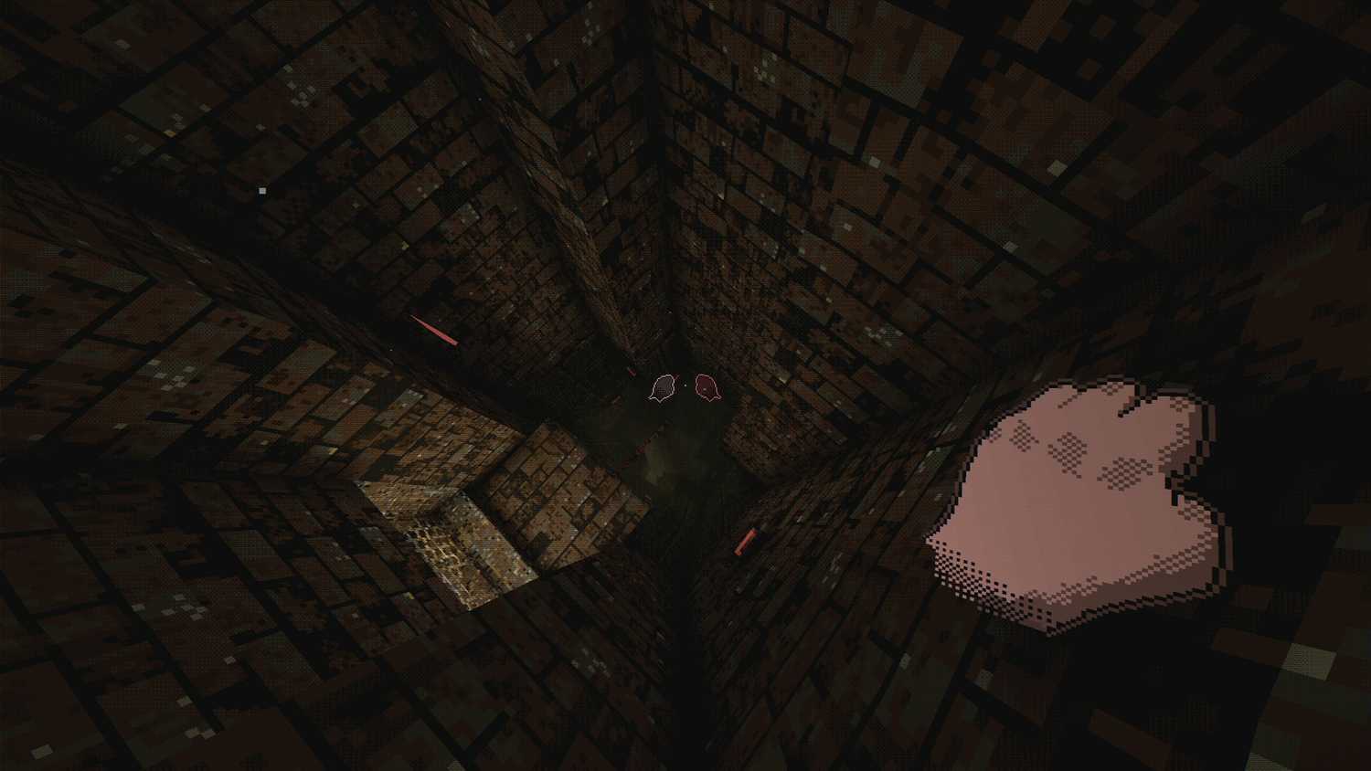 Screenshot from White Knuckle video game of character holding onto ledge while looking down