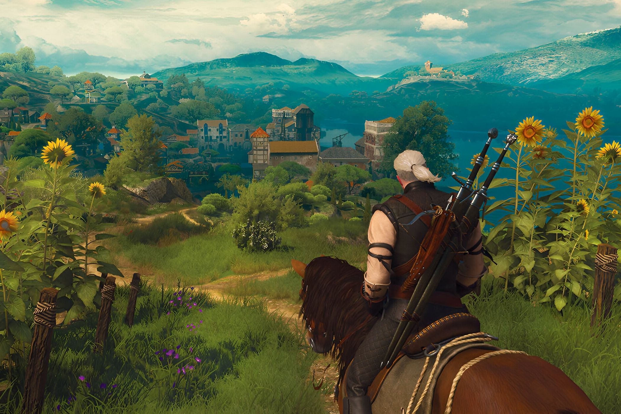 A screenshot from The Witcher 3: Wine and Blood, showing Geralt, a white-haired man with two swords on his back, ride on horseback in a field with tall flowers.