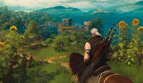 A screenshot from The Witcher 3: Wine and Blood, showing Geralt, a white-haired man with two swords on his back, ride on horseback in a field with tall flowers.