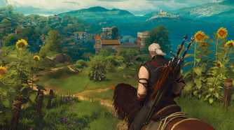 A screenshot from The Witcher 3: Wine and Blood, showing Geralt, a white-haired man with two swords on his back, ride on horseback in a field with tall flowers.