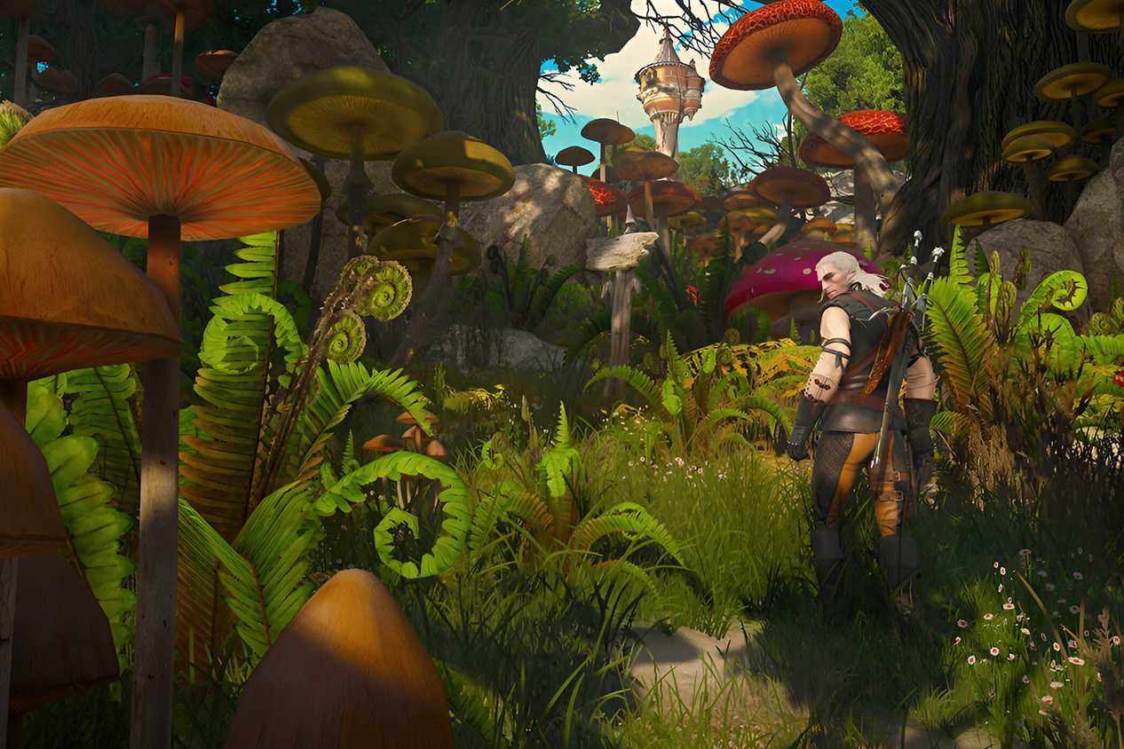 A screenshot from The Witcher 3: Wine and Blood, showing Geralt, a white-haired man with two swords on his back, run through a vibrant field with dense foliage, tall flowers, and huge shrubs.