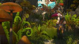 A screenshot from The Witcher 3: Wine and Blood, showing Geralt, a white-haired man with two swords on his back, run through a vibrant field with dense foliage, tall flowers, and huge shrubs.