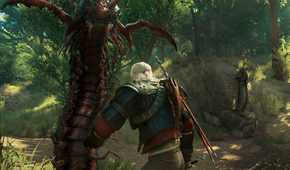 A screenshot from The Witcher 3: Wine and Blood, showing Geralt, the protagonist, fighting a giant insect-like creature.