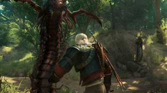 A screenshot from The Witcher 3: Wine and Blood, showing Geralt, the protagonist, fighting a giant insect-like creature.