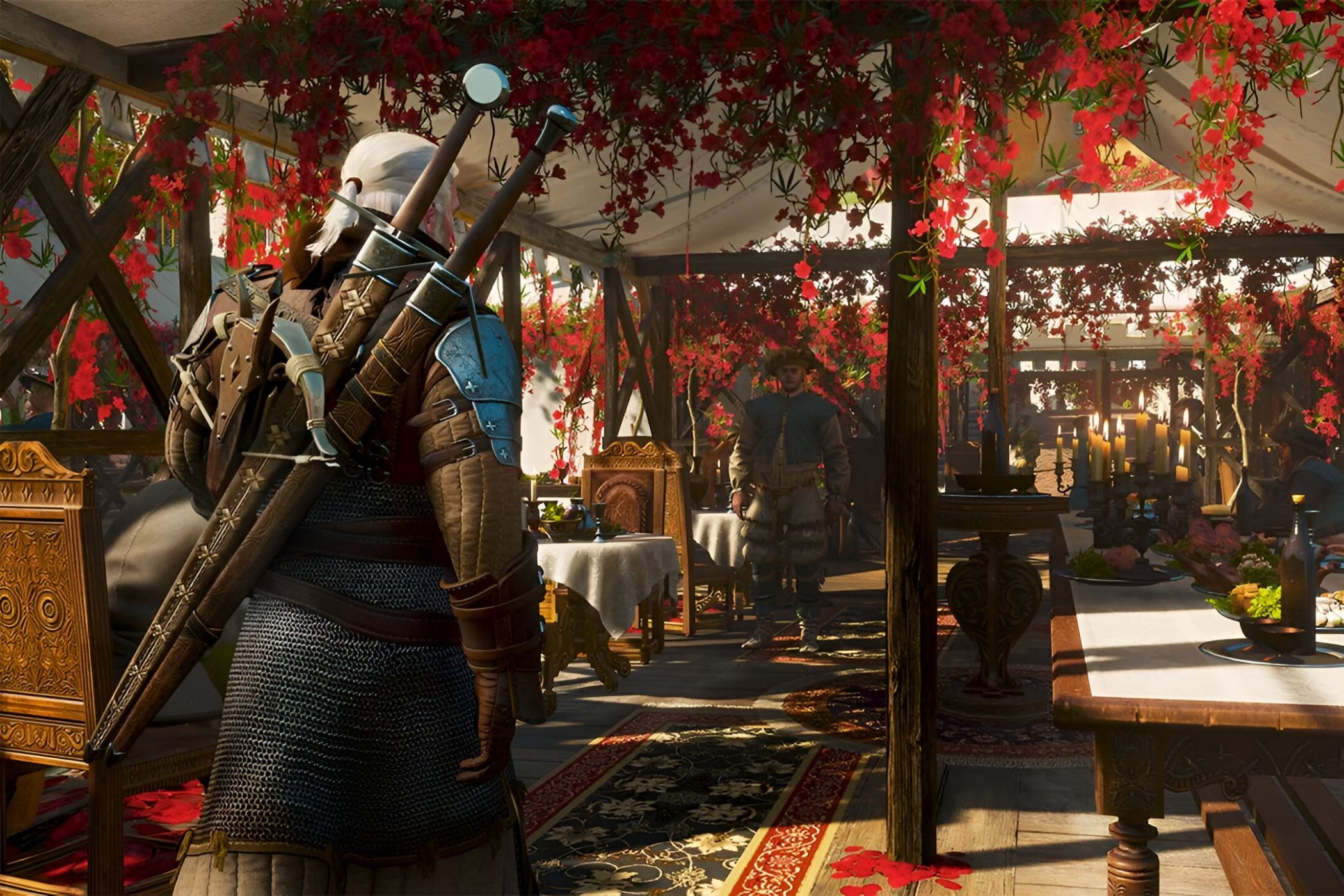 A screenshot from The Witcher 3: Wine and Blood, showing a white-haired man with two swords stroll inside a big ten with wooden bearings and red foliage.