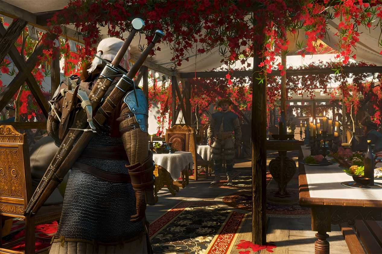 A screenshot from The Witcher 3: Wine and Blood, showing a white-haired man with two swords stroll inside a big ten with wooden bearings and red foliage.