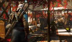 A screenshot from The Witcher 3: Wine and Blood, showing a white-haired man with two swords stroll inside a big ten with wooden bearings and red foliage.