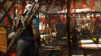 A screenshot from The Witcher 3: Wine and Blood, showing a white-haired man with two swords stroll inside a big ten with wooden bearings and red foliage.
