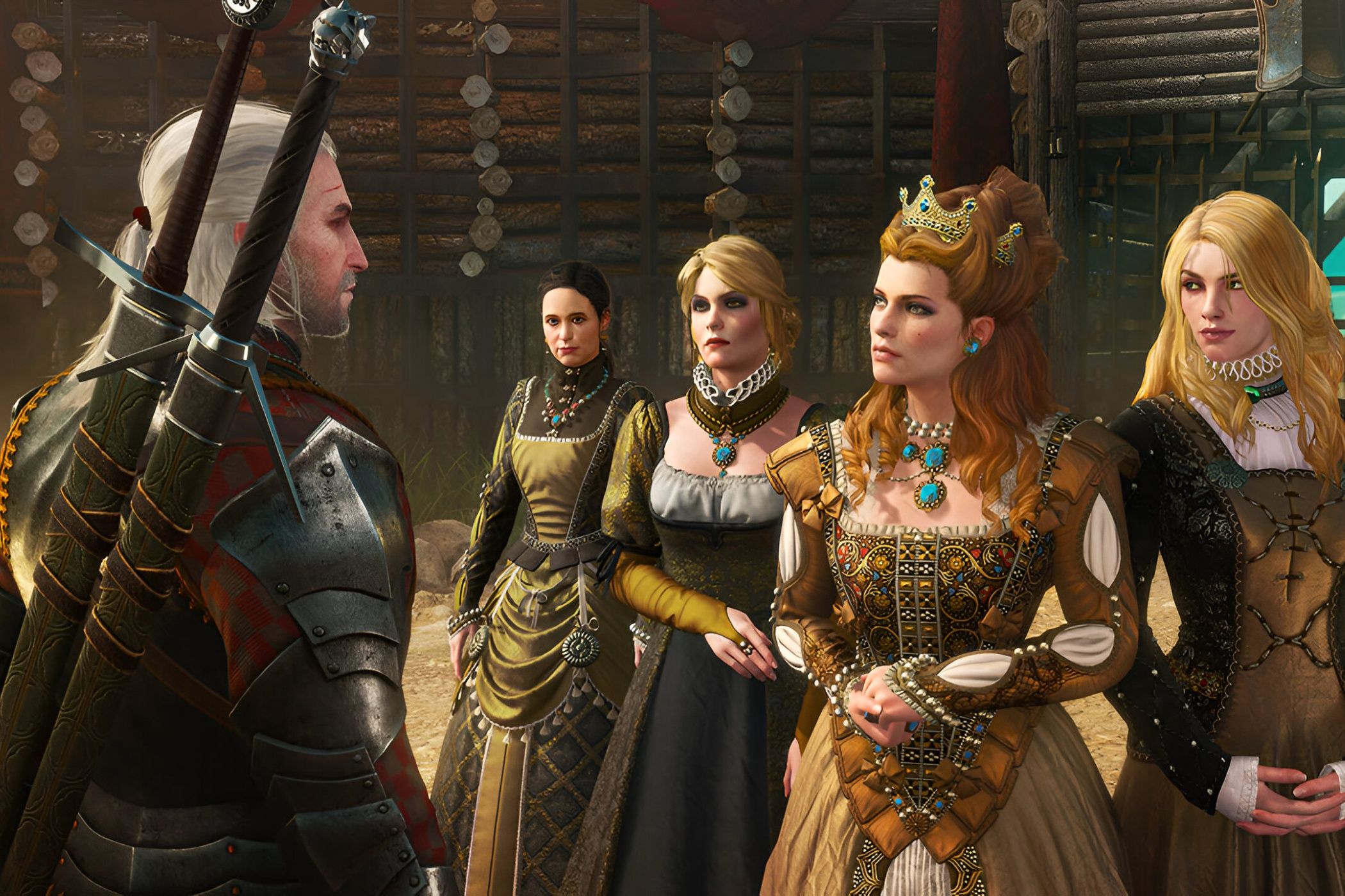A screenshot from The Witcher 3: Wine and Blood, showing Geralt, a white-haired man, talking to four women.