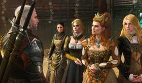 A screenshot from The Witcher 3: Wine and Blood, showing Geralt, a white-haired man, talking to four women.