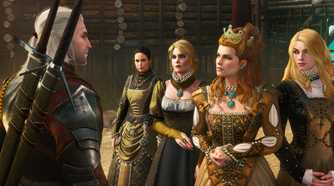 A screenshot from The Witcher 3: Wine and Blood, showing Geralt, a white-haired man, talking to four women.