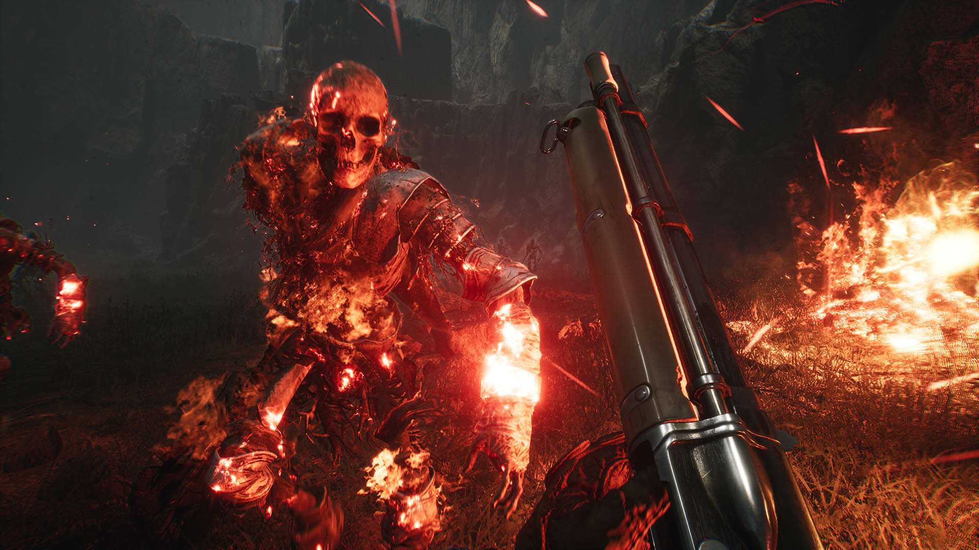 Screenshot from Witchfire video game of player character being charged by flaming skeleton