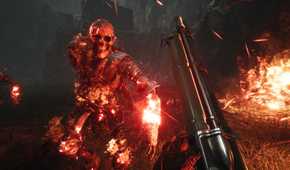 Screenshot from Witchfire video game of player character being charged by flaming skeleton
