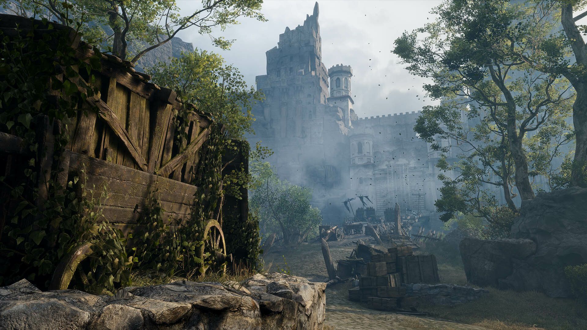 Screenshot from Witchfire video game of castle in the distance and a broken down wagon 