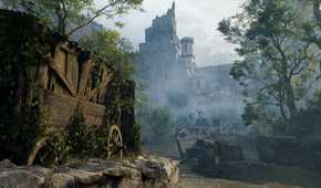 Screenshot from Witchfire video game of castle in the distance and a broken down wagon
