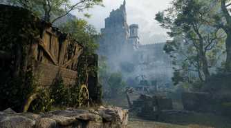 Screenshot from Witchfire video game of castle in the distance and a broken down wagon