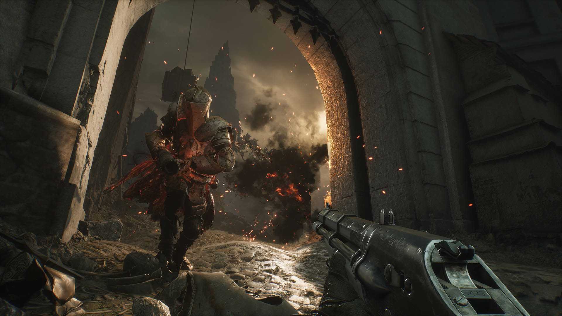 Screenshot from Witchfire video game of player character firing weapon at charging enemy