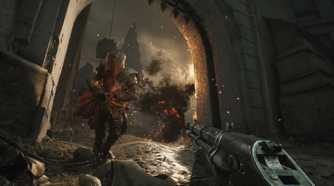 Screenshot from Witchfire video game of player character firing weapon at charging enemy