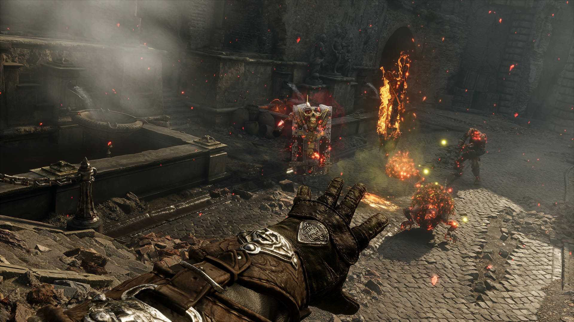 Screenshot from Witchfire video game of player character lighting enemies on fire in castle setting