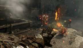 Screenshot from Witchfire video game of player character lighting enemies on fire in castle setting