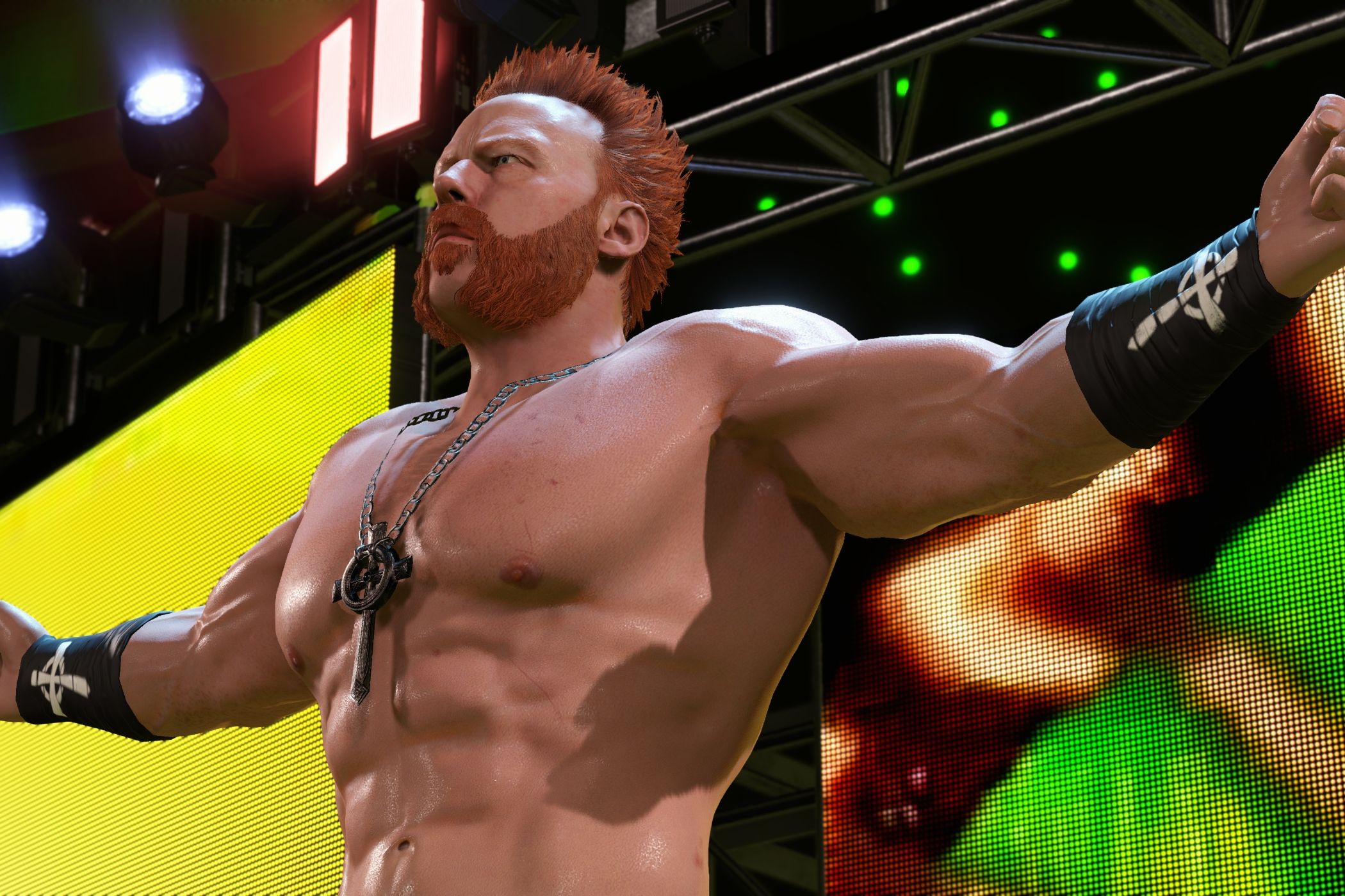 A screenshot from WWE 2K22, showing Sheamus raise his arms up while making his entrance.