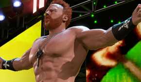 A screenshot from WWE 2K22, showing Sheamus raise his arms up while making his entrance.