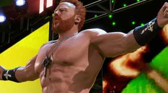 A screenshot from WWE 2K22, showing Sheamus raise his arms up while making his entrance.