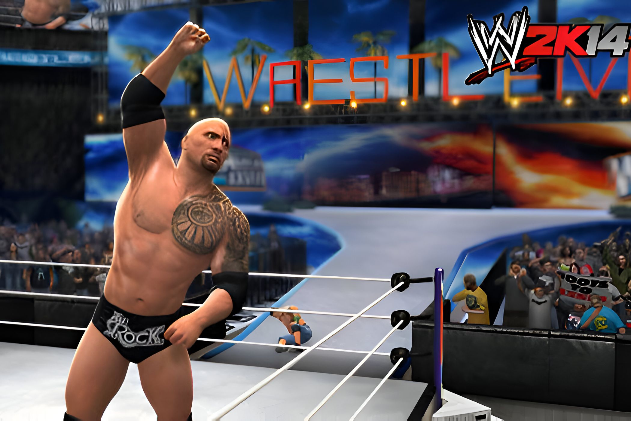 An image from WWE 2K14, showing the Rock signal to the audience by raising his arm in the sky.