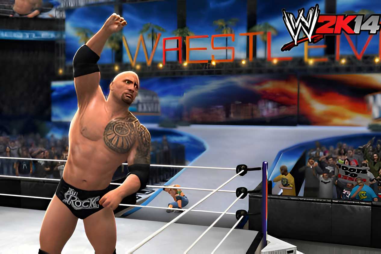 An image from WWE 2K14, showing the Rock signal to the audience by raising his arm in the sky.
