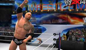 An image from WWE 2K14, showing the Rock signal to the audience by raising his arm in the sky.