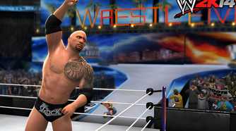 An image from WWE 2K14, showing the Rock signal to the audience by raising his arm in the sky.