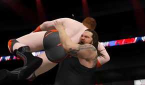A WWE 2K15 screenshot showing Bray Wyatt slam Sheamus.