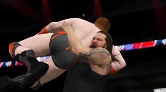 A WWE 2K15 screenshot showing Bray Wyatt slam Sheamus.