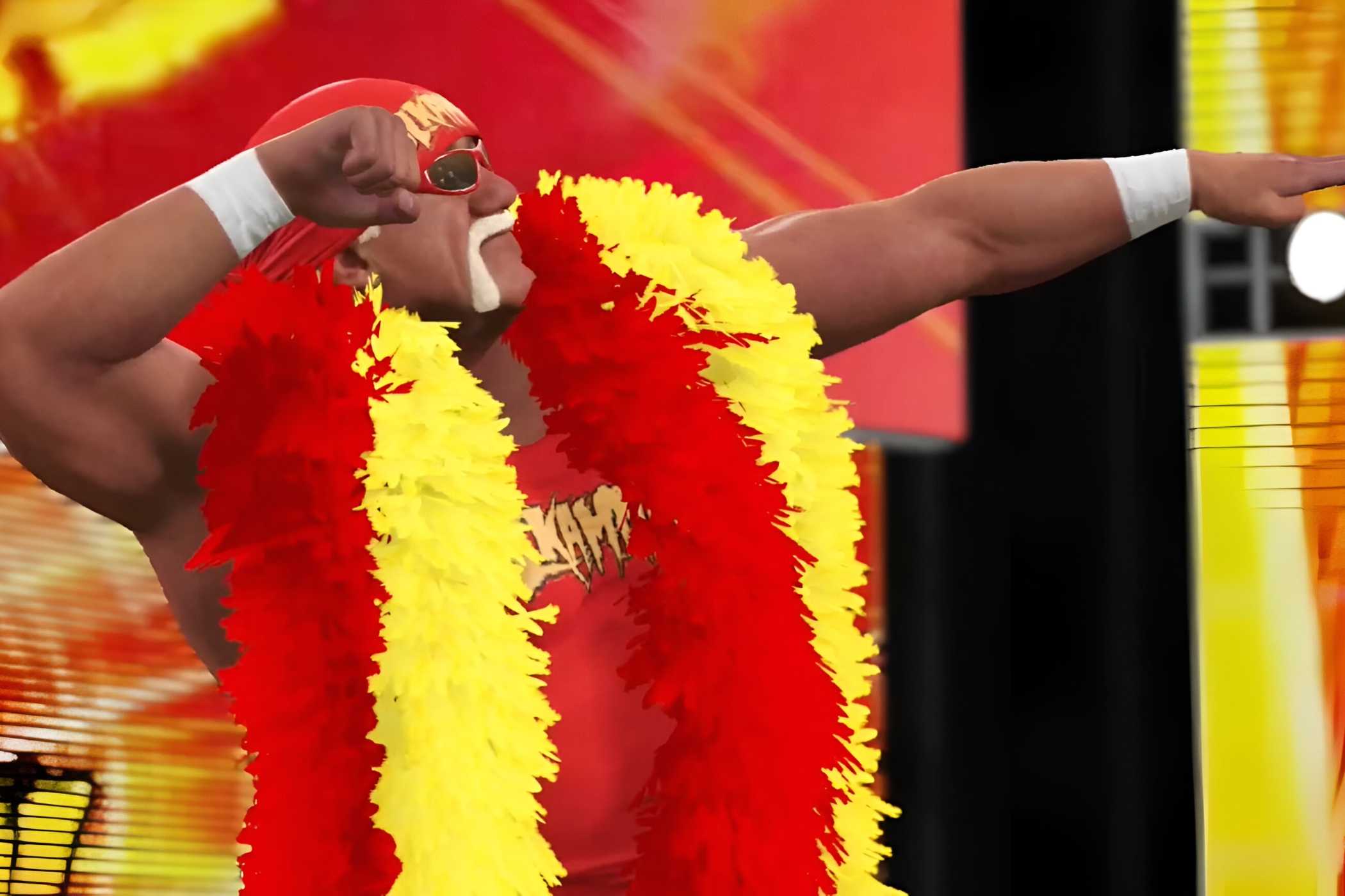 A WWE 2K15 screenshot showing Hulk Hogan make his entrance, raise his arms, while wearing a red feather boa.