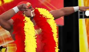 A WWE 2K15 screenshot showing Hulk Hogan make his entrance, raise his arms, while wearing a red feather boa.