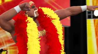 A WWE 2K15 screenshot showing Hulk Hogan make his entrance, raise his arms, while wearing a red feather boa.