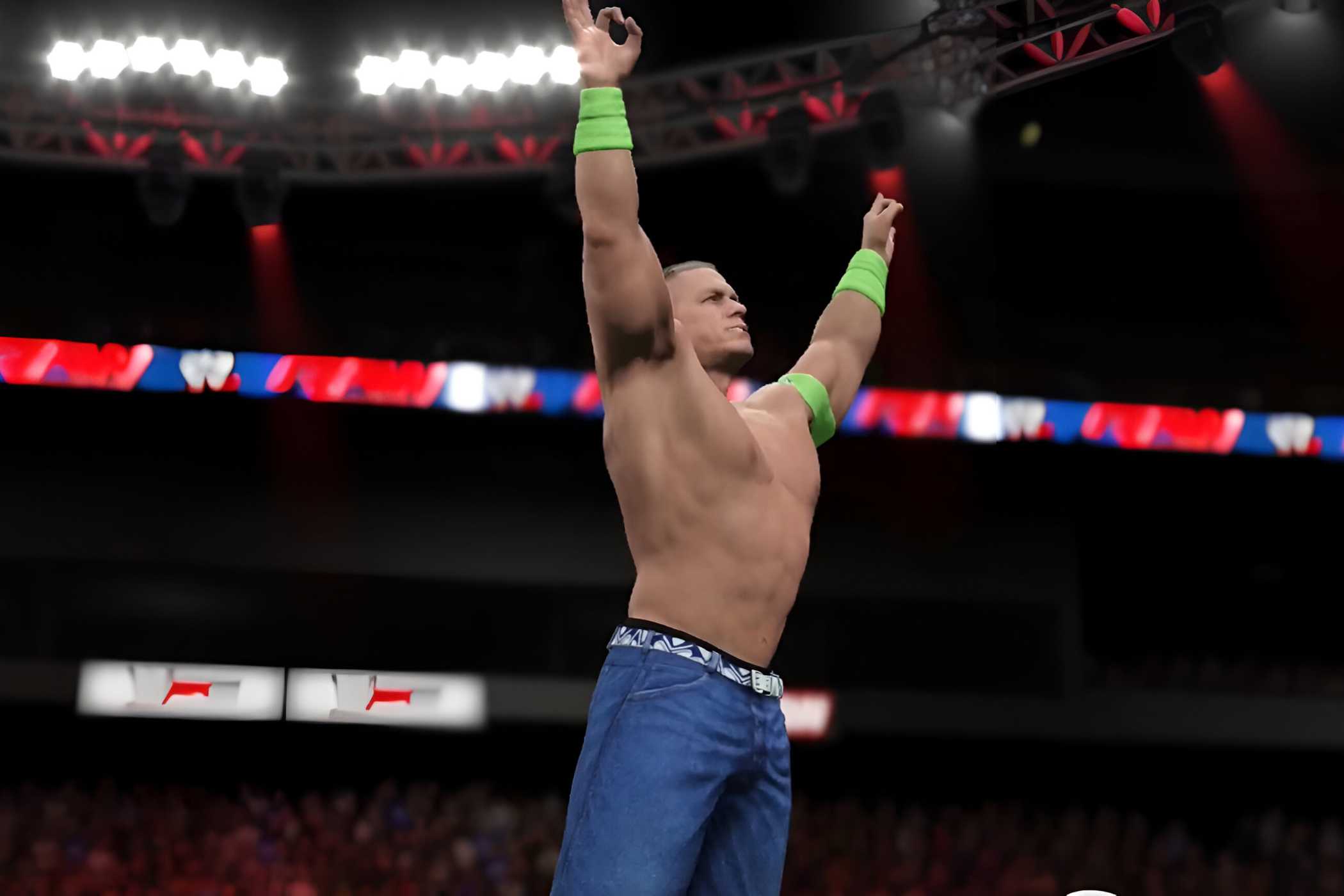 John Cena wearing blue jorts, raising his hands into the air.