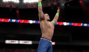 John Cena wearing blue jorts, raising his hands into the air.