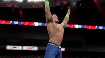 John Cena wearing blue jorts, raising his hands into the air.
