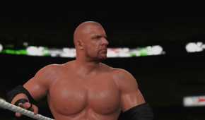 A WWE 2K15 screenshot showing a bald Triple H make his entrance to the ring.