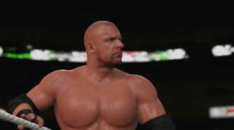 A WWE 2K15 screenshot showing a bald Triple H make his entrance to the ring.