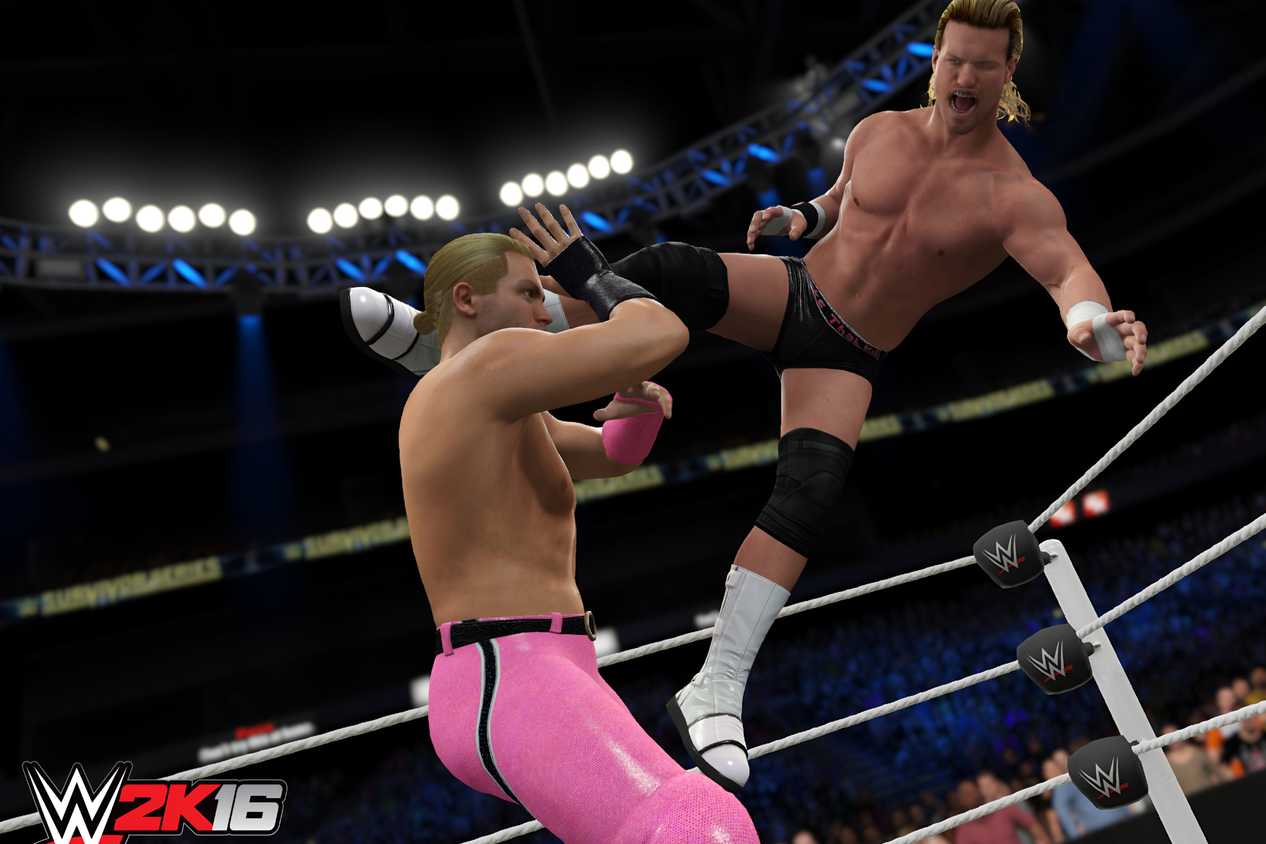 A screenshot from WWE 2K16, showing former WWE superstar Dolph Ziggler take to the air to attack his opponent in pink tights.
