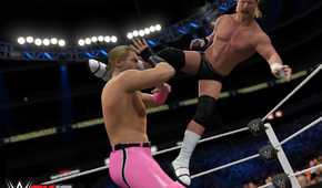 A screenshot from WWE 2K16, showing former WWE superstar Dolph Ziggler take to the air to attack his opponent in pink tights.