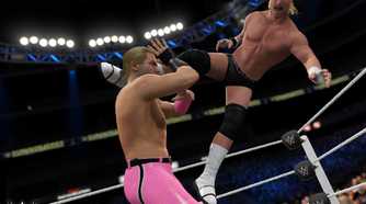 A screenshot from WWE 2K16, showing former WWE superstar Dolph Ziggler take to the air to attack his opponent in pink tights.