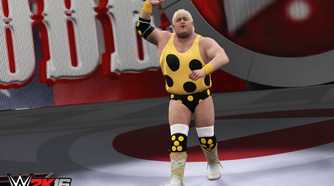 A screenshot from WWE 2K16, showing Dusty Rhodes, a healthy old man with short blonde hair, wearing a polka-dotted yellow outfit, enter the arena while raising one hand in the air.
