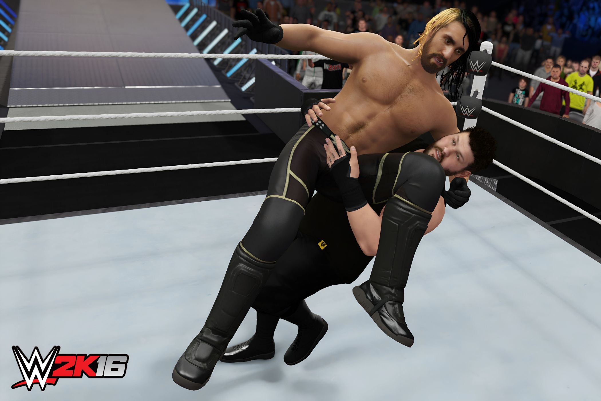 A screenshot from WWE 2K16, showing Kevin Oven body slam Seth Rollins.