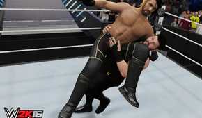 A screenshot from WWE 2K16, showing Kevin Oven body slam Seth Rollins.