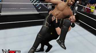 A screenshot from WWE 2K16, showing Kevin Oven body slam Seth Rollins.